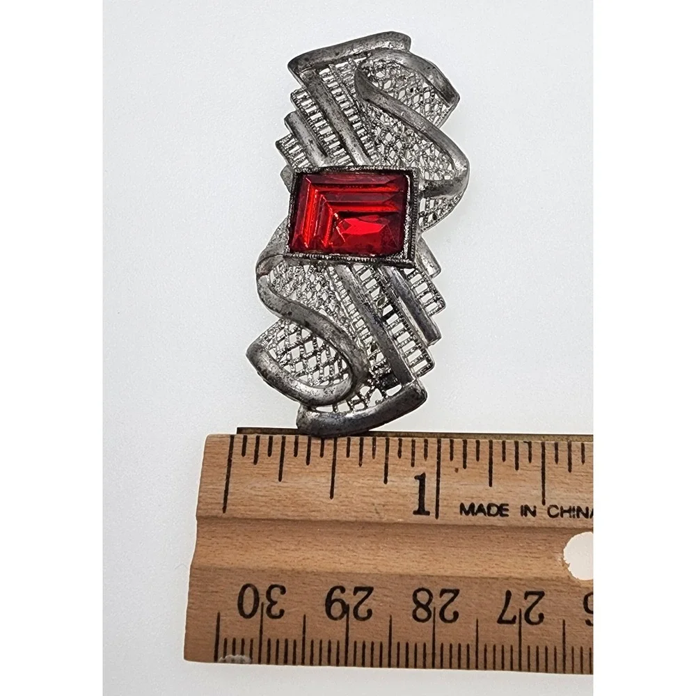 Vintage Little Nemo LN Brooch Art Deco Red Glass Filigree Silver Tone 1930s